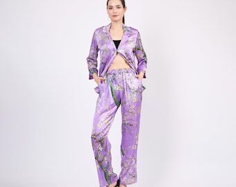 Pure Silk Pajamas | Bridesmaid Pajamas | Couple Pajamas | Custom Pajama Pants | Bridal Pajamas | Silk Shirt Pants Set |Silk Sleep Mask