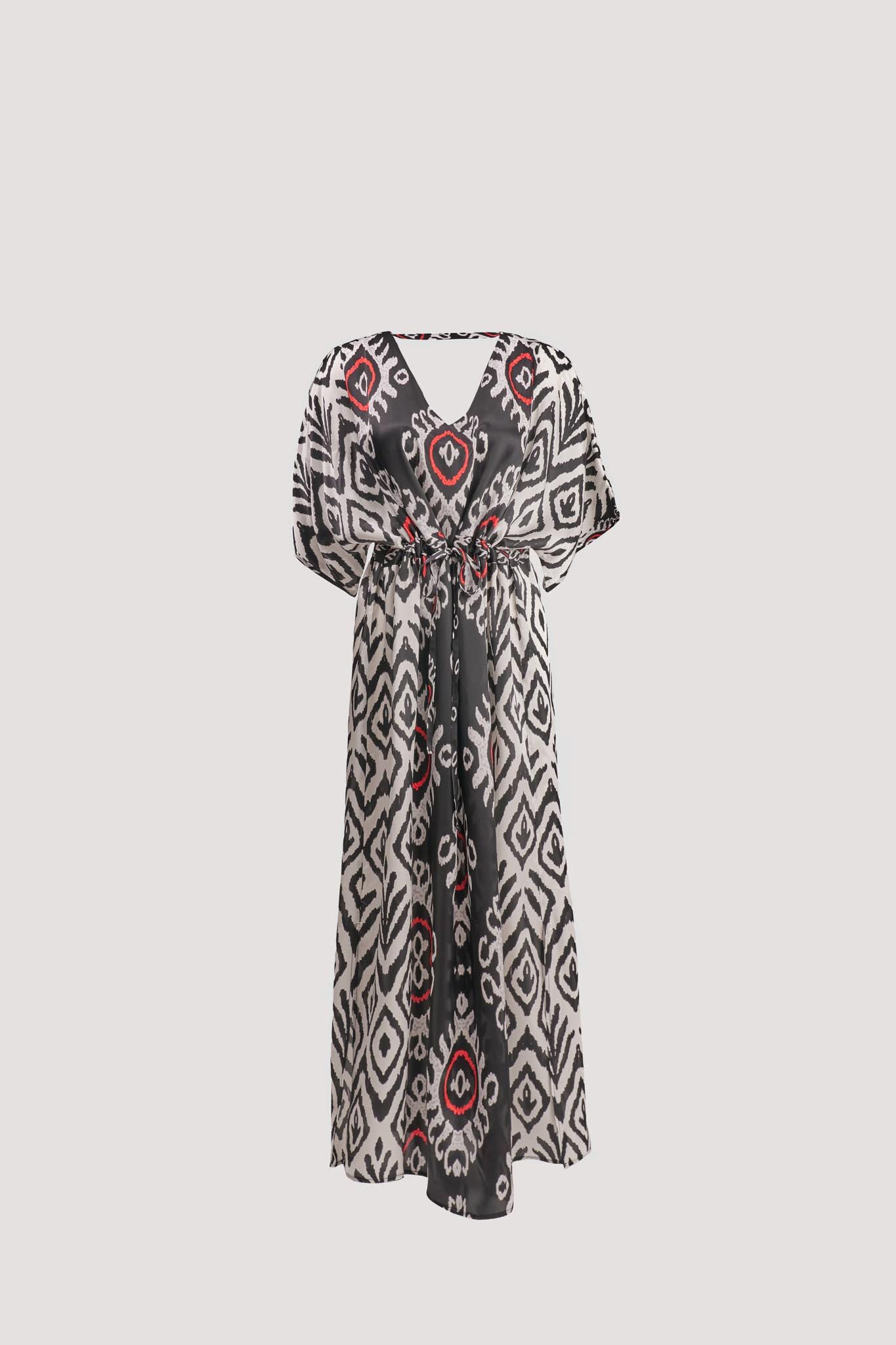 100% Silk V Neck Dress, Ikat Pattern Full Silk V Neck Dress, Pure Luxury Silk, Birthday Gift, Gift for Women, Gift For Her, Luxury Gift