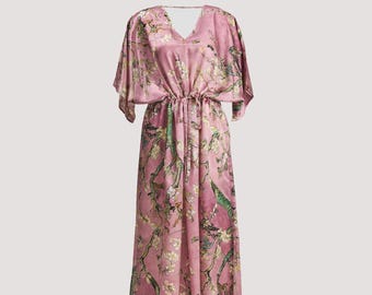 100% Silk V Neck Dress, Van Gogh Almond Tree Pattern Dress Pure Luxury Silk, Birthday Gift, Gift for Women, Gift For Her, Luxury Gift