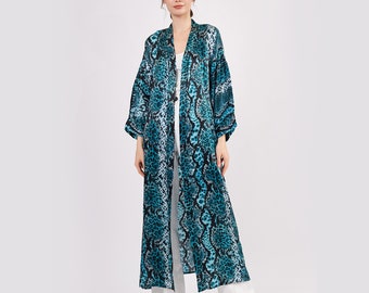 Silk Maxi Kimono Kaftan | Snake Skin Pattern Green | Oversized Long Kimono Robe | Silk Dressing Gown | Plus Size Luxury Kaftan Beachwear