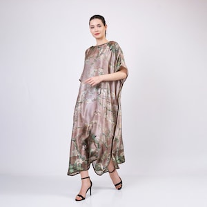Plus Size Silk Kaftan Dress | %100 Mulberry Silk Long Night Gown | Van Gogh Almond Blossoms Print Beige | Formal Maxi Dress Kaftan