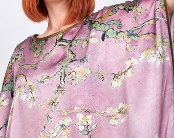Van Gogh Almond Blossom Silk Slip Dress, Pink Maxi Kaftan