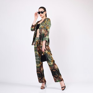 Mulberry Silk Shirt Pants Set | Women Pajamas Set | Khaki Mandala Pattern Silk Nightwear | High Quality Bride Pyjamas |Women Silk Sleepwear