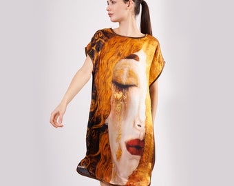 Robe courte grande taille en pure soie pour femme | Larmes de Freya dorées surdimensionnées, Gustav Klimt | Robe ample