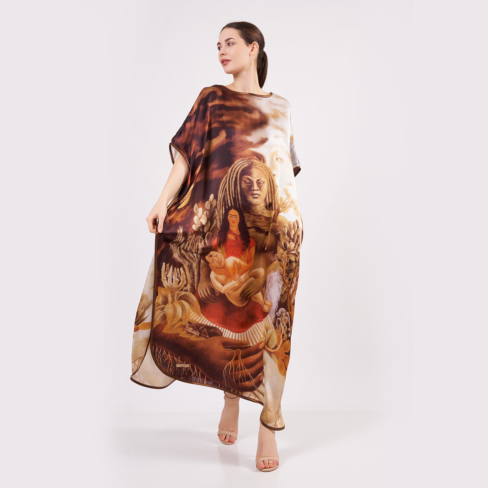 Inspired Silk Maxi Dress Frida Kahlo 4 Artistic Elegance Gift For Her Trip Dress 100 Silk Dress