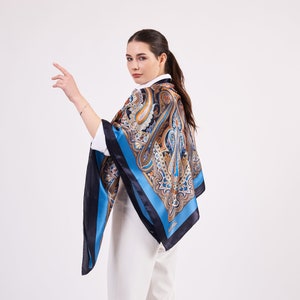 Large Size Silk Scarf Shawl | Big Size Wrap | High Quality Pure Silk Paisley Shawl | Blue Black Scarf for Women