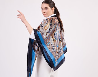 Large Size Silk Scarf Shawl | Big Size Wrap | High Quality Pure Silk Paisley Shawl | Blue Black Scarf for Women