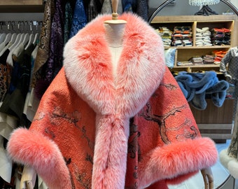 Pomegranate Flower Oversize Fur Poncho with Fox Fur Women, Super Quality Women's Jacket Poncho with %100 Fox Fur Collar, Long Winter Coats