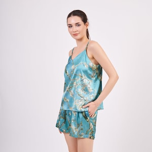 Pure Silk Pajama Set Tank and Shorts Soft Sleepwear Lounge Set Sleeping Pyjamas for Women Van Gogh Almond Blossoms Turquoise image 1
