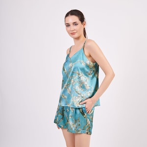 Pure Silk Pajama Set Tank and Shorts | Soft Sleepwear Lounge Set- Sleeping Pyjamas for Women | Van Gogh Almond Blossoms  Turquoise