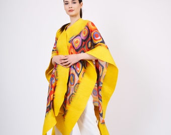 Handmade Silk Felted Women Poncho |  Yellow Kandinsky Squares with Circles | Plus Size Luxury Wool Poncho