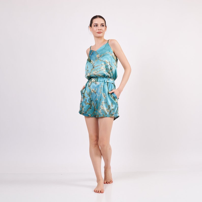 Pure Silk Pajama Set Tank and Shorts Soft Sleepwear Lounge Set Sleeping Pyjamas for Women Van Gogh Almond Blossoms Turquoise image 6