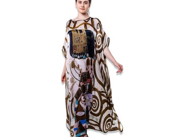 Pure Silk Plus Size Dress | Full Lenght Kaftan | Gustav Klimt Expactation | Christmas Gift For Her | Trip Dress | 100% Silk Dress