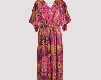 100% Silk V Neck Dress, Fuchsia Mandala Pattern Silk V Neck Dress, Pure Luxury Silk, Birthday Gift, Gift for Women, Gift For Her,Luxury Gift