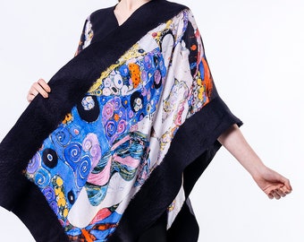 Silk Felt Poncho Gustav Klimt The Virgins black kaftan habutai silk and merino wool 17 micron, handmade felt pancho fashion