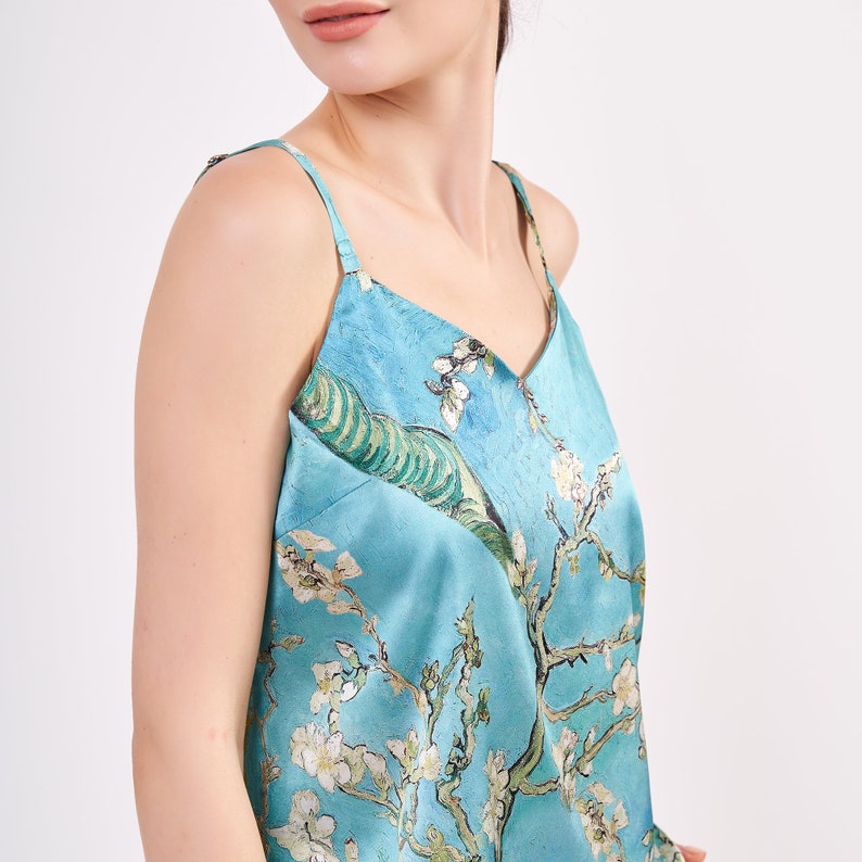 Pure Silk Pajama Set Tank and Shorts Soft Sleepwear Lounge Set Sleeping Pyjamas for Women Van Gogh Almond Blossoms Turquoise image 2