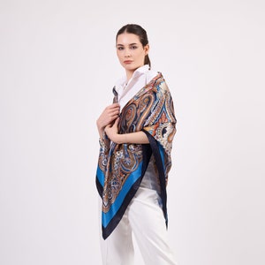 Large Size Silk Scarf Shawl Big Size Wrap High Quality Pure Silk Paisley Shawl Blue Black Scarf for Women image 4