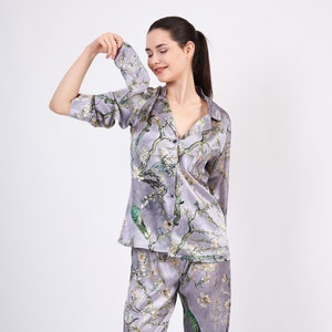 Bridesmaid Pajamas, Bride Pajamas, Pajama Set, Silk Pajamas, Custom Pajama Pants, Bridal Party Pajamas, Gray Sleepwear, Van Gogh Print image 6