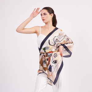 Pure Silk Long Scarf Wrap | Kandinsky Transverse Line | 6 Momme Mulberry Silk Headband, Bag Accessory