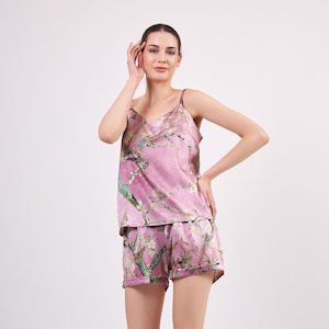 Pure Silk Pajama Set Blouse and Shorts | Soft Sleepwear Lounge Set- Sleeping Pyjamas for Women | Van Gogh Almond Blossoms Pink
