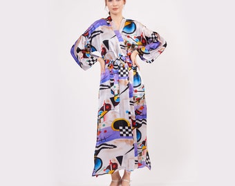 Pure Silk Maxi Kimono Kaftan | Kandinsky Collective | Oversized Long Kimono Robe | Beachwear for Women | Plus Size Luxury Kaftan Pool Wear