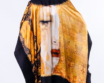 Silk Felt Poncho Gustav Klimt Freya's Tears Black silk caftan kimono, special gift, wool poncho, feltro habutai silk,art