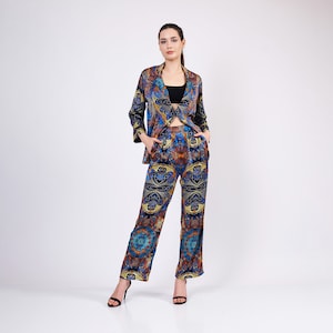 Mulberry Silk Shirt Pants Set | Women Pajamas Set | Blue Mandala Pattern Silk Nightwear | High Quality Bride Pyjamas | Women Silk Sleepwear