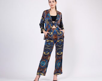 Mulberry Silk Shirt Pants Set | Women Pajamas Set | Blue Mandala Pattern Silk Nightwear | High Quality Bride Pyjamas | Women Silk Sleepwear