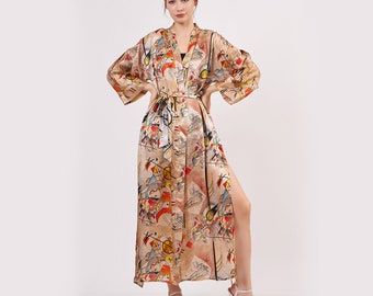 Pure Silk Maxi Kimono Kaftan | Kandinsky Bustling Aquarelle | Long Kimono Robe | Beachwear for Women | Plus Size Luxury Kaftan Pool Wear