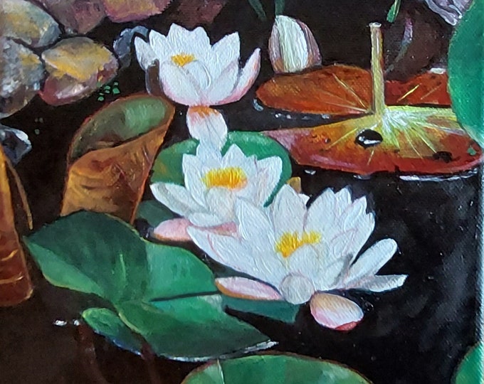 Three white water lilies, oil on canvas 20x20x3.8 cm - unique, painting, nature image, landscape, water landscape, blossoms, summer landscape