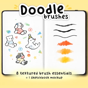 May include: Sketchbook open to show "Doodle brushes" text. The left page has cartoon animals, the right shows brush stroke examples in black and orange. The text at the bottom reads "8 textured brush essentials + 1 sketchbook mockup."