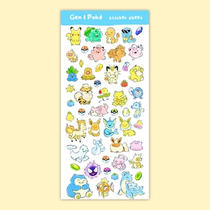 May include: A sticker sheet featuring numerous colourful cartoon characters. The sheet has a light blue header with the text "Gen I Poké sticker sheet". The stickers depict various creatures in different poses and colours.