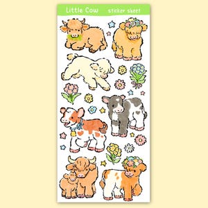 以下が含まれることがあります： Little Cowと書かれたステッカーシート。茶色、白、白黒の斑点模様の子牛のイラストが様々なポーズで描かれており、小さな花束やカラフルな星の形も一緒に配置されています。
