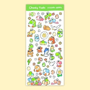 May include: A sticker sheet featuring cartoon Yoshi characters in various poses and colours. The sheet includes Yoshi, flowers, eggs, and related imagery. The top of the sheet has the text "Chunky Yoshi sticker sheet" in green.