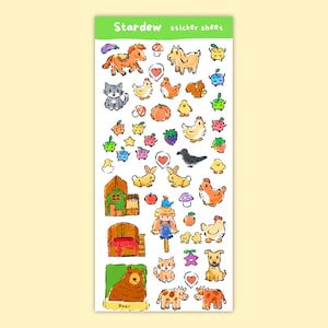 May include: A sticker sheet with a green header that reads "Stardew sticker sheet." The sheet features colorful illustrations of farm animals, fruits, vegetables, and other elements from the Stardew Valley game. The illustrations include a horse, cat, chickens, and a bear.