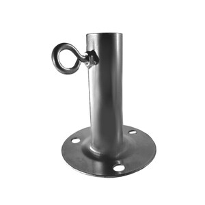 May include: Silver metal post with a round base and a ring at the top. The post is designed for outdoor use.
