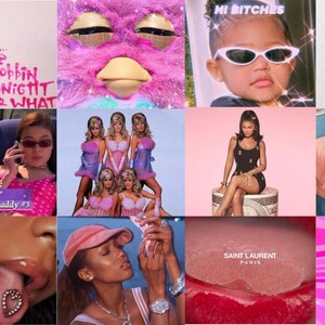 May include: A collage of images in pink, red, and white featuring various pop culture references, including a pink fuzzy toy, a cartoon character on a phone, a woman wearing sunglasses, and a pizza slice. The text "yo... we Mobbin TONIGTIT OR WHAT" is visible in the top left corner. The text "HI BITCHES" is visible in the top right corner. The text "On the phone "Mr. Yes" Sugar Daddy #3" is visible in the middle left corner. The text "ugh, as if" is visible in the bottom right corner.
