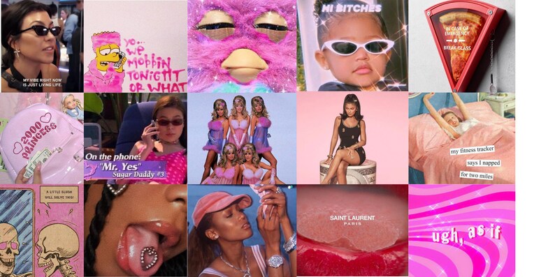 May include: A collage of images in pink, red, and white featuring various pop culture references, including a pink fuzzy toy, a cartoon character on a phone, a woman wearing sunglasses, and a pizza slice. The text "yo... we Mobbin TONIGTIT OR WHAT" is visible in the top left corner. The text "HI BITCHES" is visible in the top right corner. The text "On the phone "Mr. Yes" Sugar Daddy #3" is visible in the middle left corner. The text "ugh, as if" is visible in the bottom right corner.
