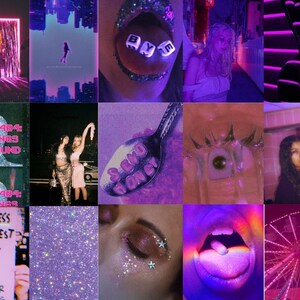 May include: A collage of images in shades of pink and purple. The images include a neon pink doorway, a city skyline, a close-up of a mouth with glitter, a woman in a purple dress, a neon pink light, a text overlay that says "ERROR 404 FEELINGS NOT FOUND", two women dancing, a spoon with a purple design, a close-up of an eye, a woman with dark hair, a glitter background, a close-up of an eye with glitter, a close-up of a mouth with a rainbow, and a Ferris wheel.