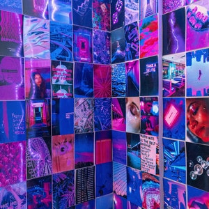 May include: A wall collage featuring a variety of colorful images, including abstract designs, landscapes, and text. The images are arranged in a grid pattern and are printed on white paper. The wall is painted a light blue color. The collage is a popular way to decorate a room and add a personal touch.