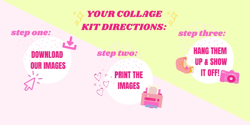 May include: A pink and yellow graphic with three steps for creating a collage. Step one is to download images. Step two is to print the images. Step three is to hang them up and show them off.
