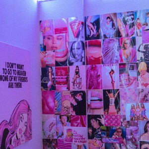 May include: A pink and white wall collage featuring images of celebrities, fashion, and pop culture. The collage includes text such as "2000" and "I don't want to go to heaven, none of my friends are there".