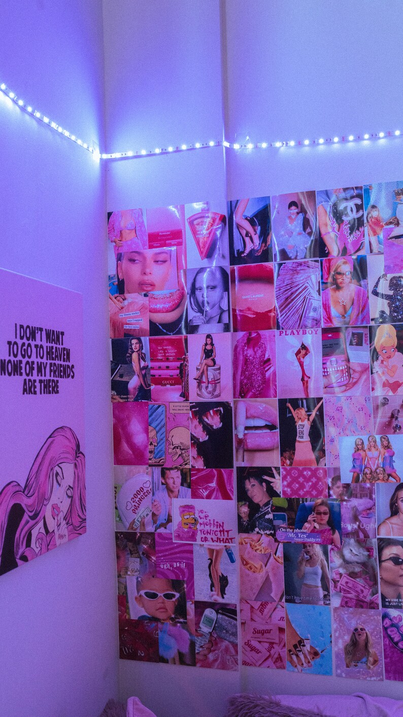 May include: A pink and white wall collage featuring images of celebrities, fashion, and pop culture. The collage includes text such as "2000" and "I don't want to go to heaven, none of my friends are there".
