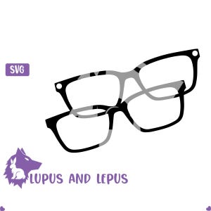 May include: A black and white illustration of two pairs of eyeglasses stacked on top of each other. The glasses are a simple design with a rectangular frame.