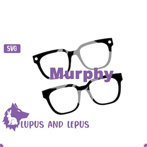May include: SVG cut file design of two pairs of glasses with the word "Murphy" in purple text.