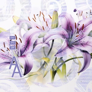 DIGITAL DOWNLOAD Purple Lilies Vibrant Colors Watercolor, 20 oz Skinny Tumbler Wrap Sublimation, Sublimation Floral Design, lily, lilies image 1