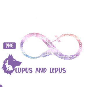 Puede incluir: Una silueta morada de lobo y conejo con el texto "LUPUS AND LEPUS" debajo. El fondo es un símbolo de infinito degradado hecho con la palabra repetida "Phlebotomy" en varios tonos de rosa y morado.