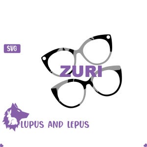 May include: A black and white patterned pair of glasses with the word "ZURI" in purple text.