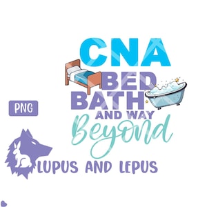 Puede incluir: Un diseño gráfico morado y azul con el texto "CNA Bed Bath and Way Beyond Lupus and Lepus". El diseño incluye una cama de dibujos animados, una bañera y un lobo con un conejo dentro.