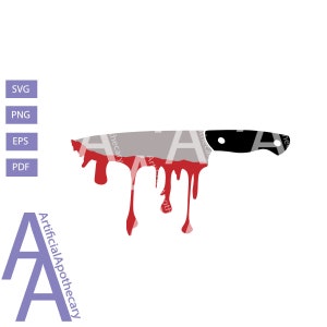 May include: A silver knife with a black handle is dripping with red blood. The knife is isolated on a white background.